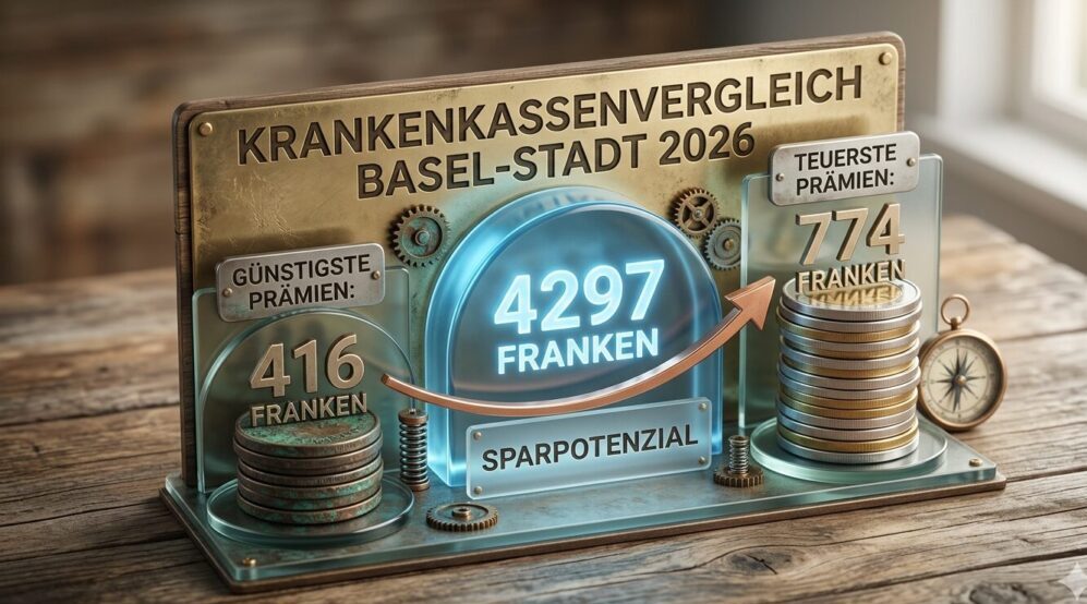 Krankenkassenvergleich Basel-Stadt 2026: Prämien von 416 bis 774 CHF und Sparpotenzial bis 4’297 CHF. Jetzt Modelle und Einsparungen prüfen.
