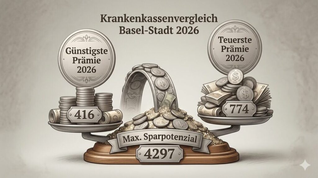 Krankenkassenvergleich Basel-Stadt 2026: Prämien von 416 bis 774 CHF und Sparpotenzial bis 4’297 CHF. Jetzt Modelle und Einsparungen prüfen.