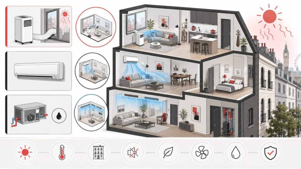 Klimaanlage Basel: Kosten, Regeln, mobile Klimageräte, Split-Anlagen, Mietwohnung, Baubewilligung, Kältemittel-Fachbewilligung, Modelle, Preise und Hitzetipps für Wohnungen.