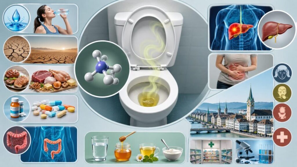 Stuhl riecht nach Ammoniak? Ursachen wie Dehydrierung, Eiweiss, Darmflora oder Antibiotika – plus Warnzeichen, Hausmittel, Apotheken und Labore in Basel.