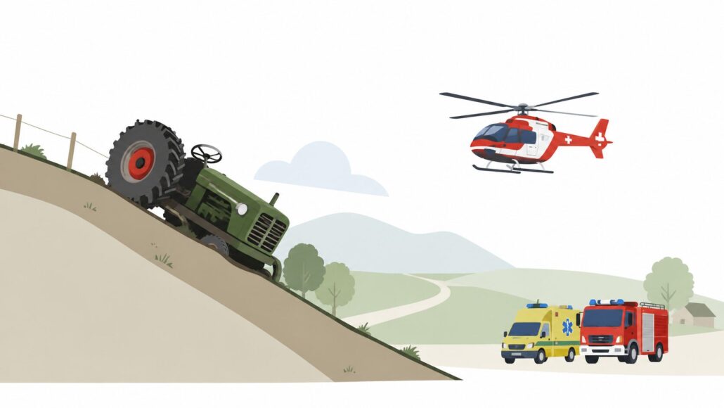 Traktorunfall in Oberdorf BL: Ein 21-Jähriger wurde im Gebiet Benkenmatt unter einem Oldtimer-Traktor eingeklemmt. Feuerwehr, Rettungsdienst und Helikopter standen im Rettungseinsatz.