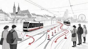 Verkehr und Baustellen in Basel am 21., 22. und 23. Juni 2026: Tram 3 Missionsstrasse, EV3-Routenwechsel ab 22. Juni, Linie 6, Marktplatz-Sperre ab 29. Juni. Umleitungen, Linien & Tipps f&uuml;r Pendler.