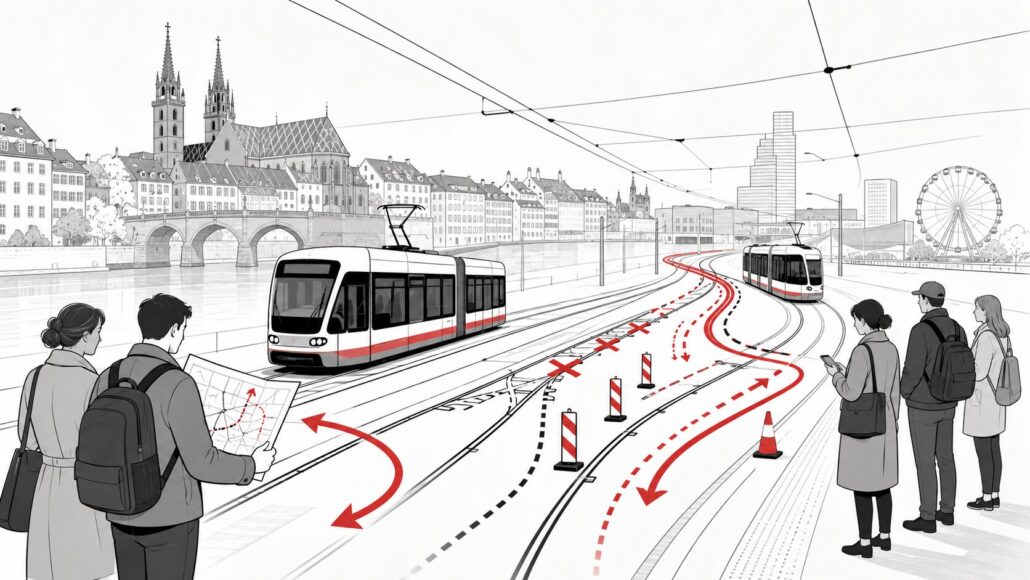 Verkehr und Baustellen in Basel am 21., 22. und 23. Juni 2026: Tram 3 Missionsstrasse, EV3-Routenwechsel ab 22. Juni, Linie 6, Marktplatz-Sperre ab 29. Juni. Umleitungen, Linien & Tipps für Pendler.