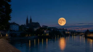 Erdbeermond 2026: Der Juni-Vollmond geht am 29. Juni um 21:45 Uhr &uuml;ber Basel auf und gipfelt am 30. Juni um 01:57 Uhr. Warum er nicht rot leuchtet, Mikromond-Fakten und die besten Beobachtungsorte am Rhein.