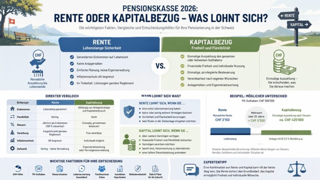 Pensionskasse 2026 in der Schweiz: Wann sind Rente, Kapitalbezug oder Mischlösung sinnvoll? Steuern, AHV, Vererbung, Lebenserwartung und Praxisbeispiele im Überblick.