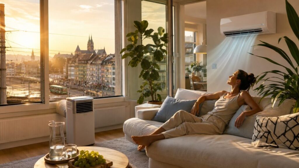 Klimaanlage Basel: Kosten, Regeln, mobile Klimageräte, Split-Anlagen, Mietwohnung, Baubewilligung, Kältemittel-Fachbewilligung, Modelle, Preise und Hitzetipps für Wohnungen.