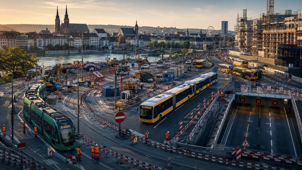 Tramumleitungen am Marktplatz, Ersatzbusse, gesperrte Autobahn-Anschlüsse und alle Baustellen: der komplette Verkehrs- und ÖV-Überblick für Basel in der Woche vom 27. Juli bis 2. August 2026.
