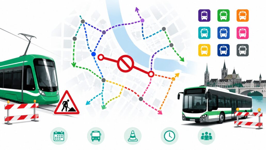 Keine Trams zwischen Barfüsserplatz und Schifflände: Bis 6. September 2026 sind 9 Linien umgeleitet. Alle Umleitungen, Ersatzbusse, Termine und Tipps zur Marktplatz-Baustelle in Basel im Überblick.