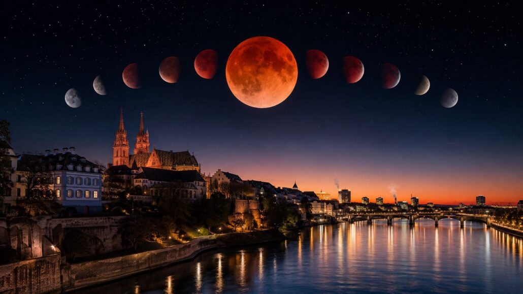 Blutmond Basel 2026 am 28. August: Wann die partielle Mondfinsternis beginnt, wann das Maximum erreicht wird, wie lange sie sichtbar bleibt und wo der Mond über Basel am besten zu sehen ist.